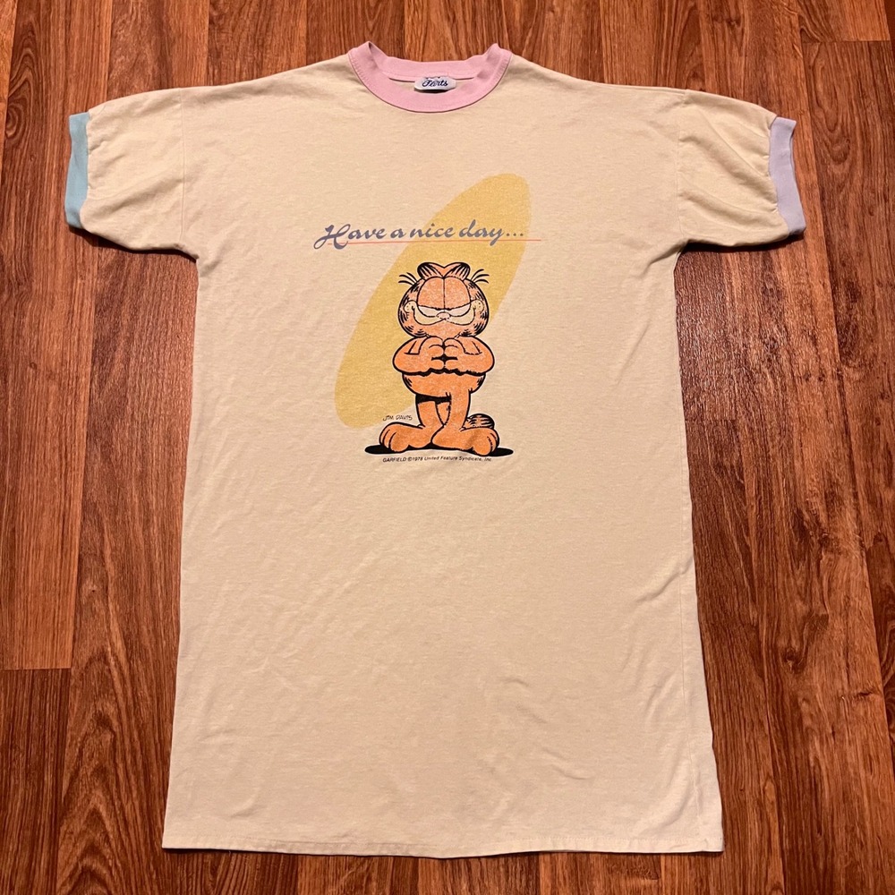 Vintage 70s Garfield Nightshirt Gown Womens Lg Cream Ringer Have A Nice Day